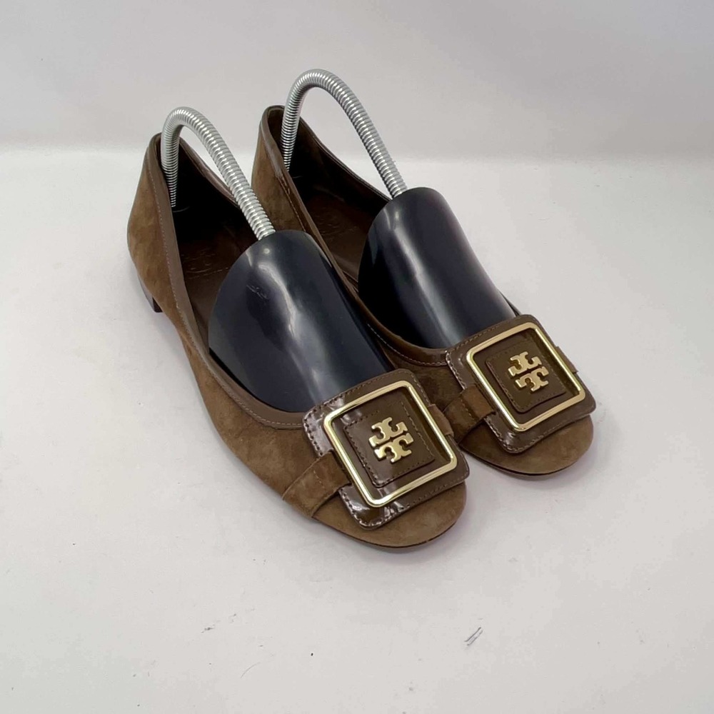 Tory Burch Julian Brown Suede Logo Buckle Ballet Flats Shoes Women's 8.5M Office